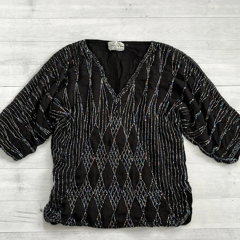 1980s Vintage Sequined Beaded Silk Short Sleeve Black Top S